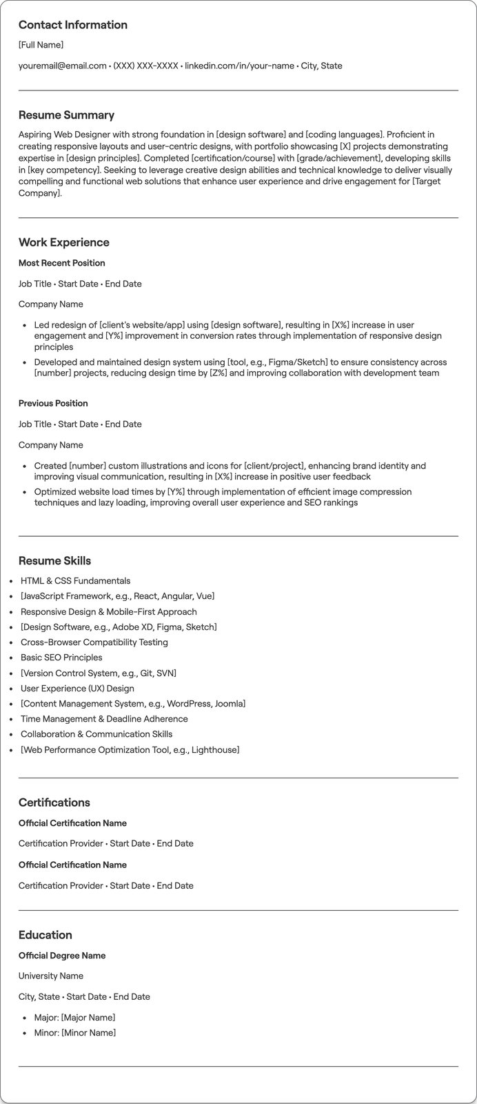 Fresher Web Designer resume example
