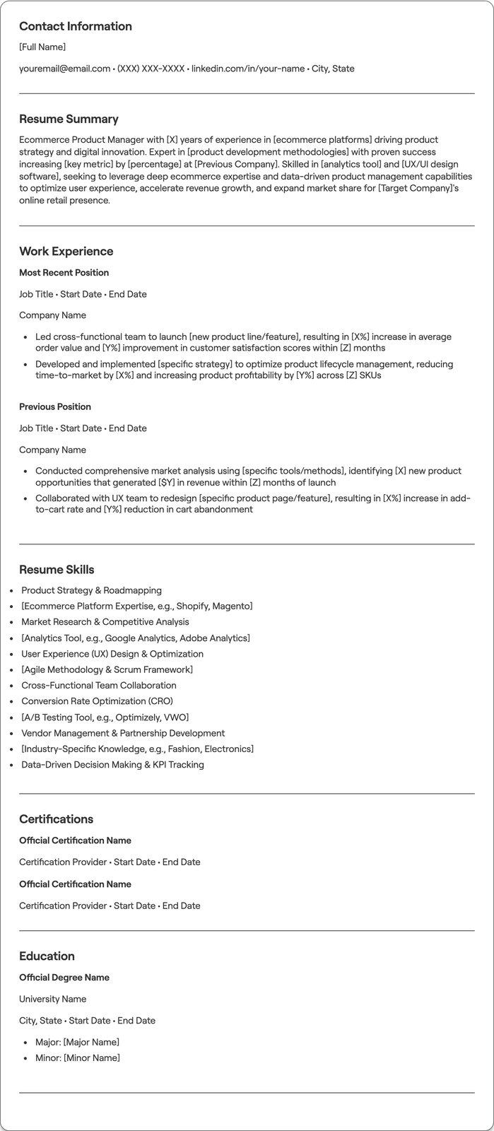 Ecommerce Product Manager resume example