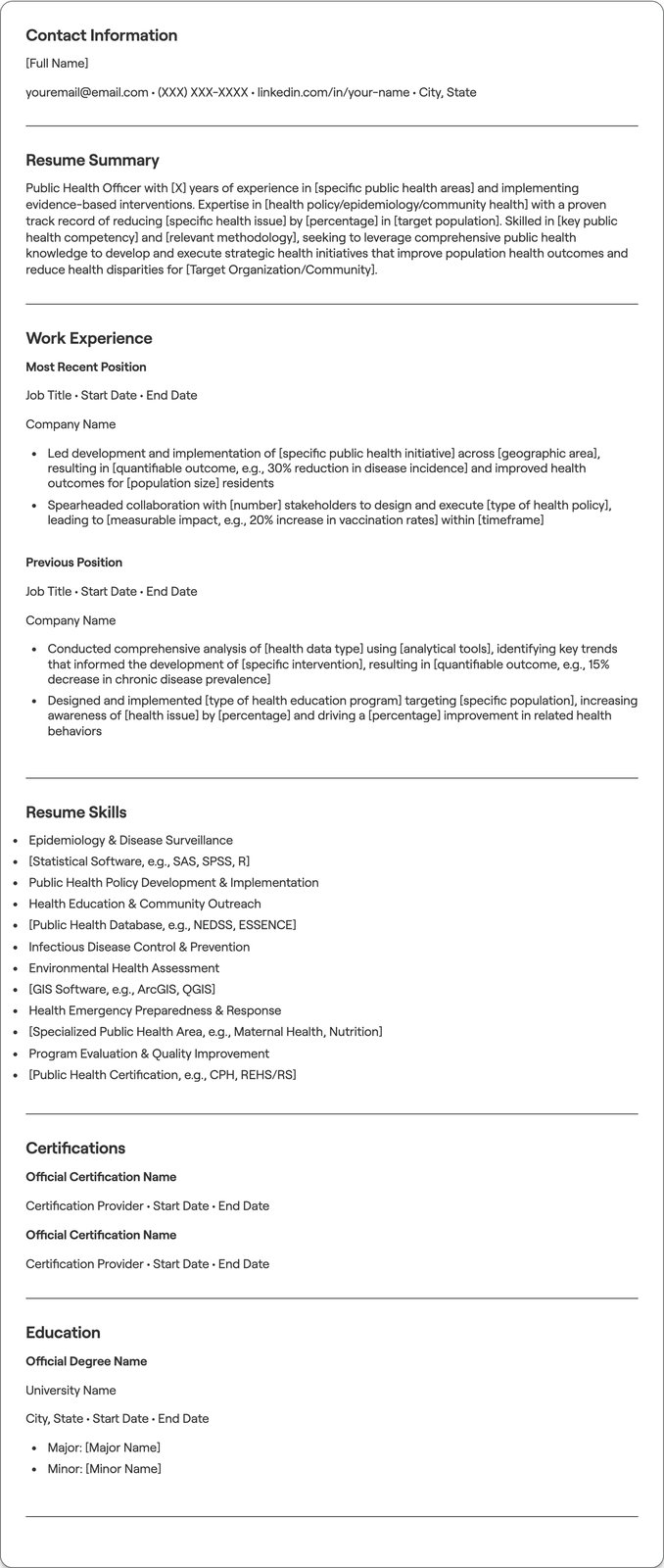 Public Health Officer resume example