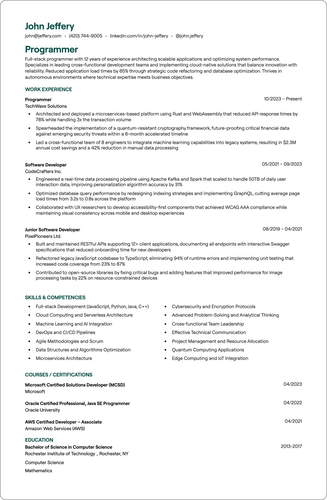 Computer Programmer resume example