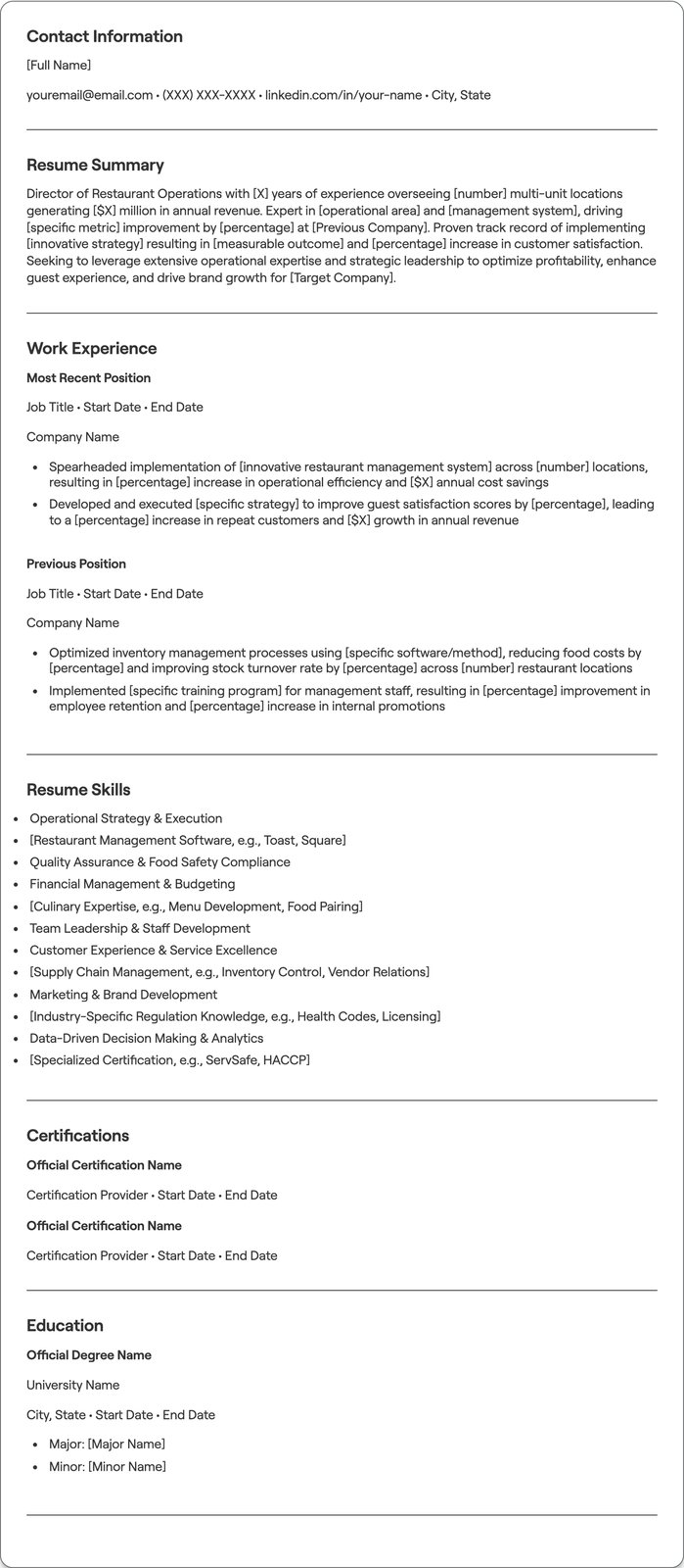 Director of Restaurant Operations resume example