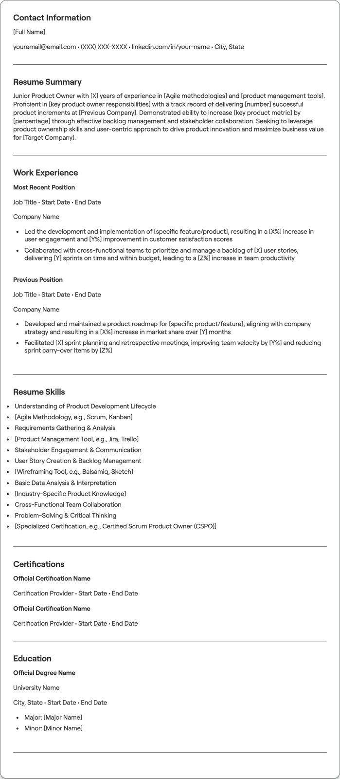 Junior Product Owner resume example