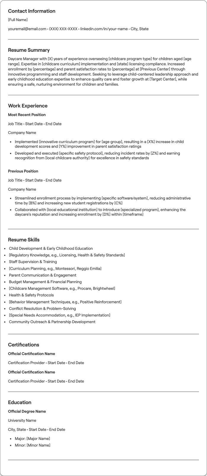 Daycare Manager resume example