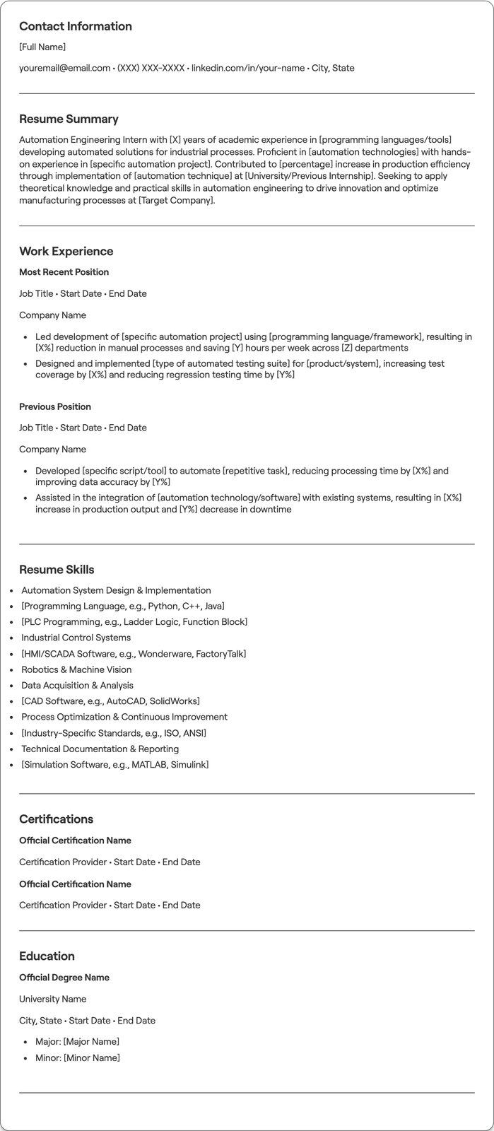 Automation Engineering Intern resume example