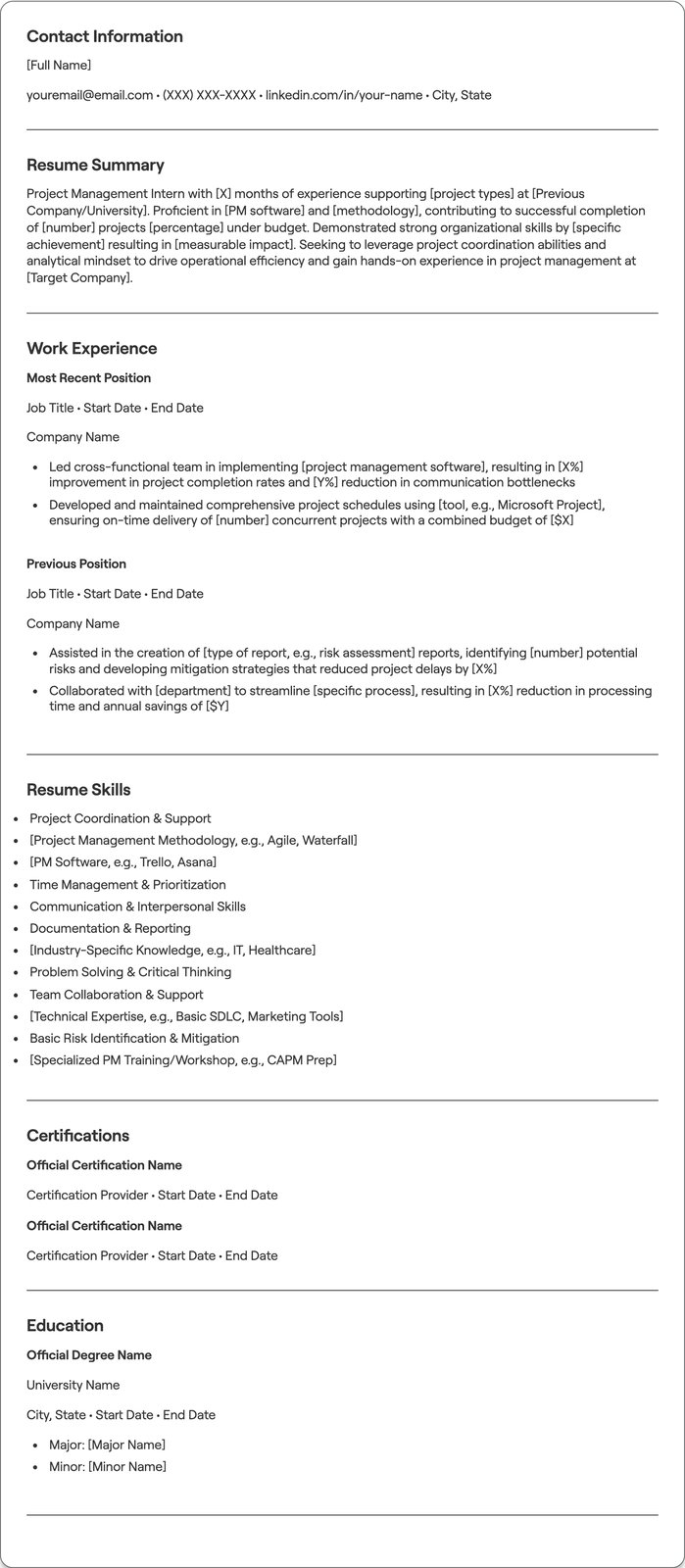 Project Management Intern resume example