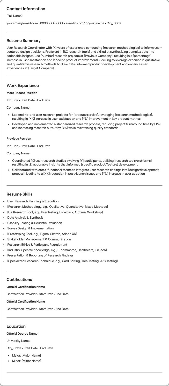 User Research Coordinator resume example