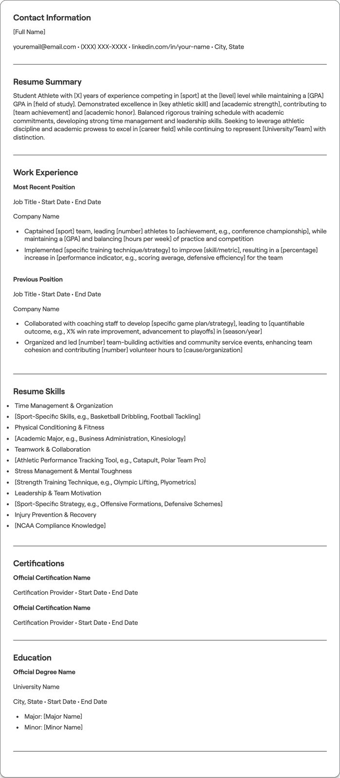 Student Athlete resume example
