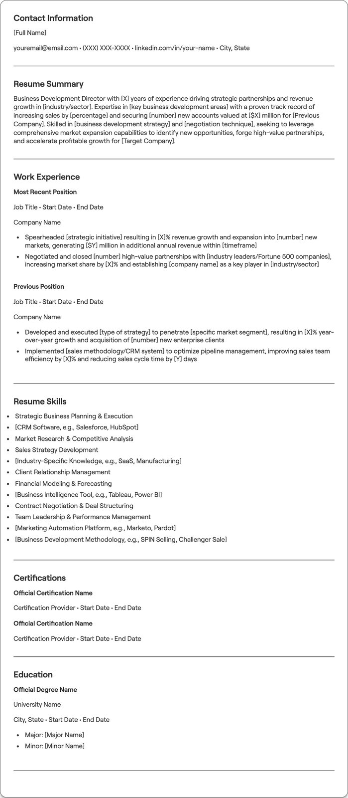 Business Development Director resume example