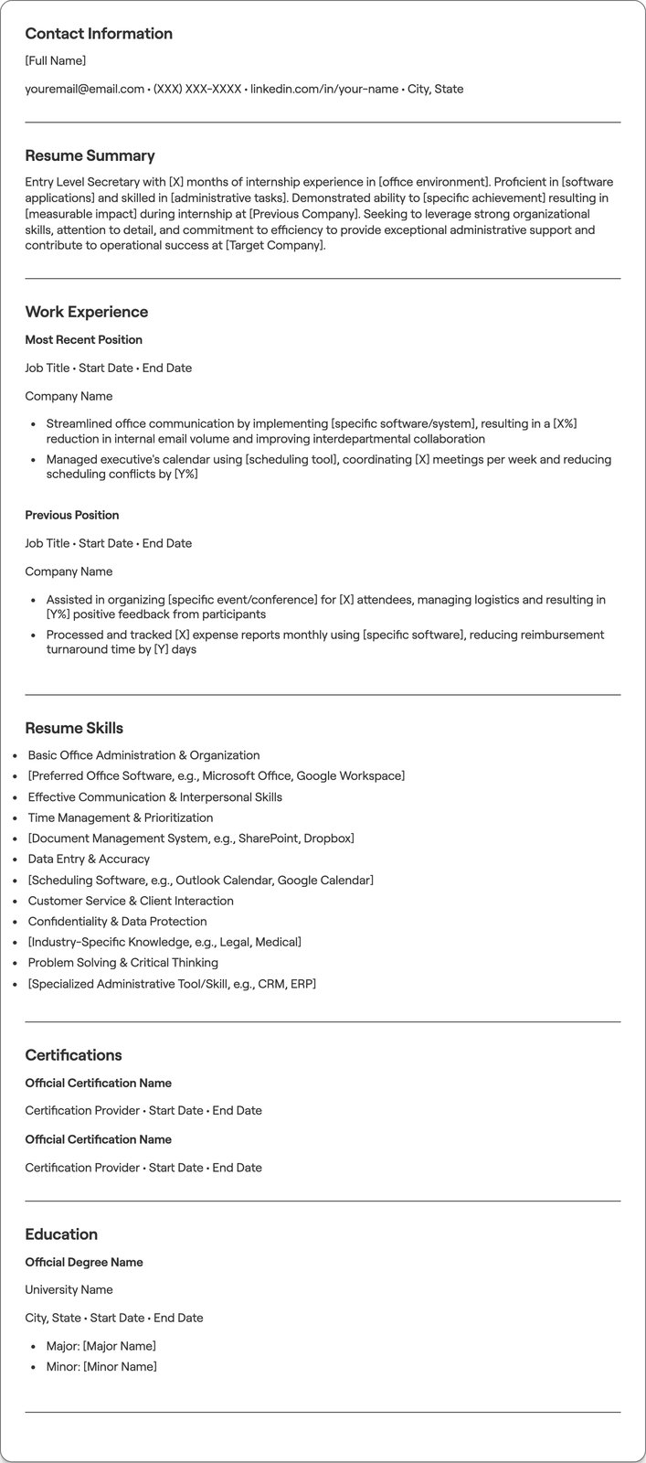 Entry Level Secretary resume example