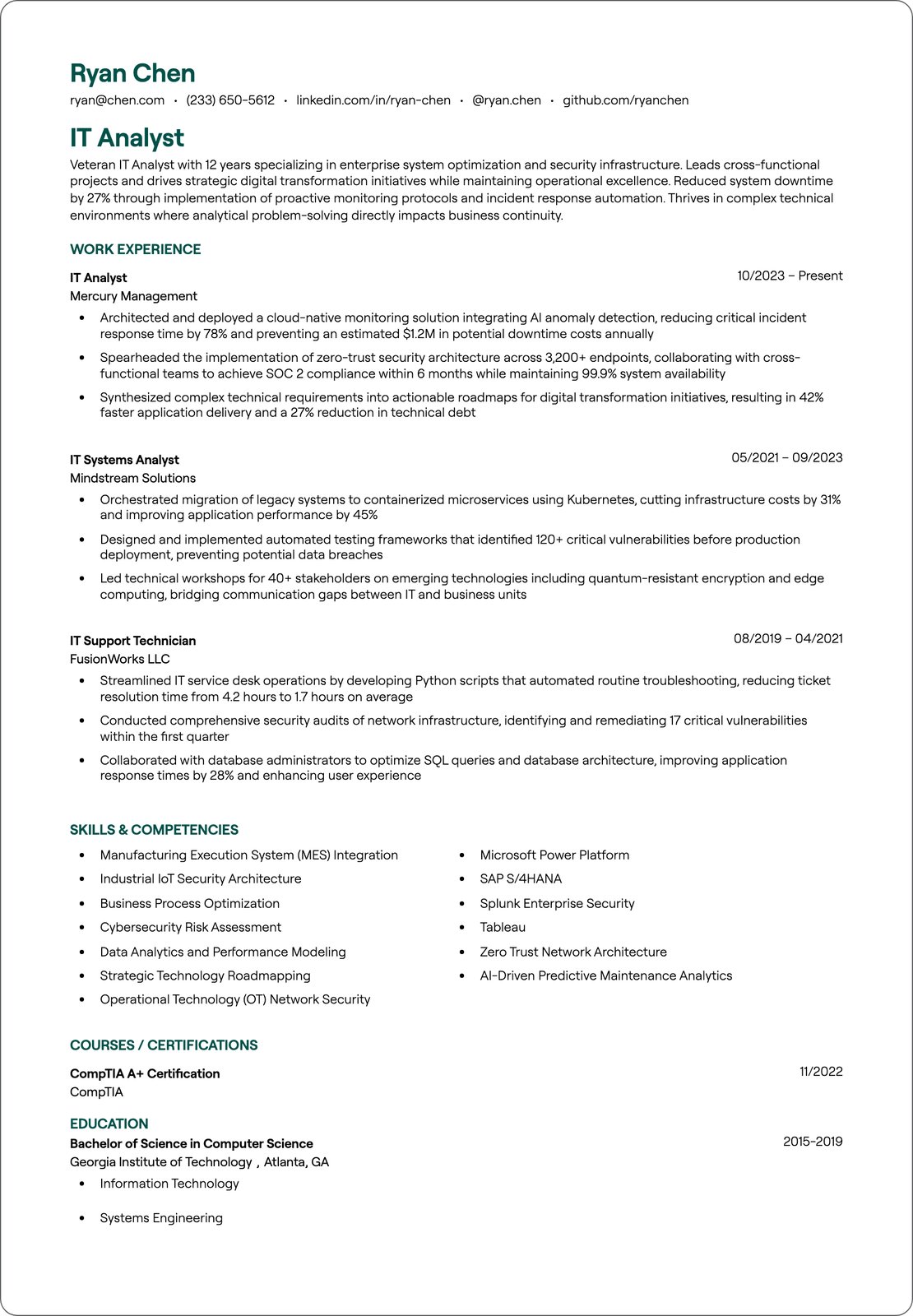 IT Analyst resume example