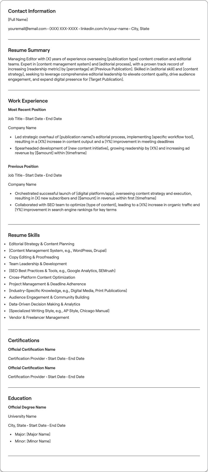 Managing Editor resume example