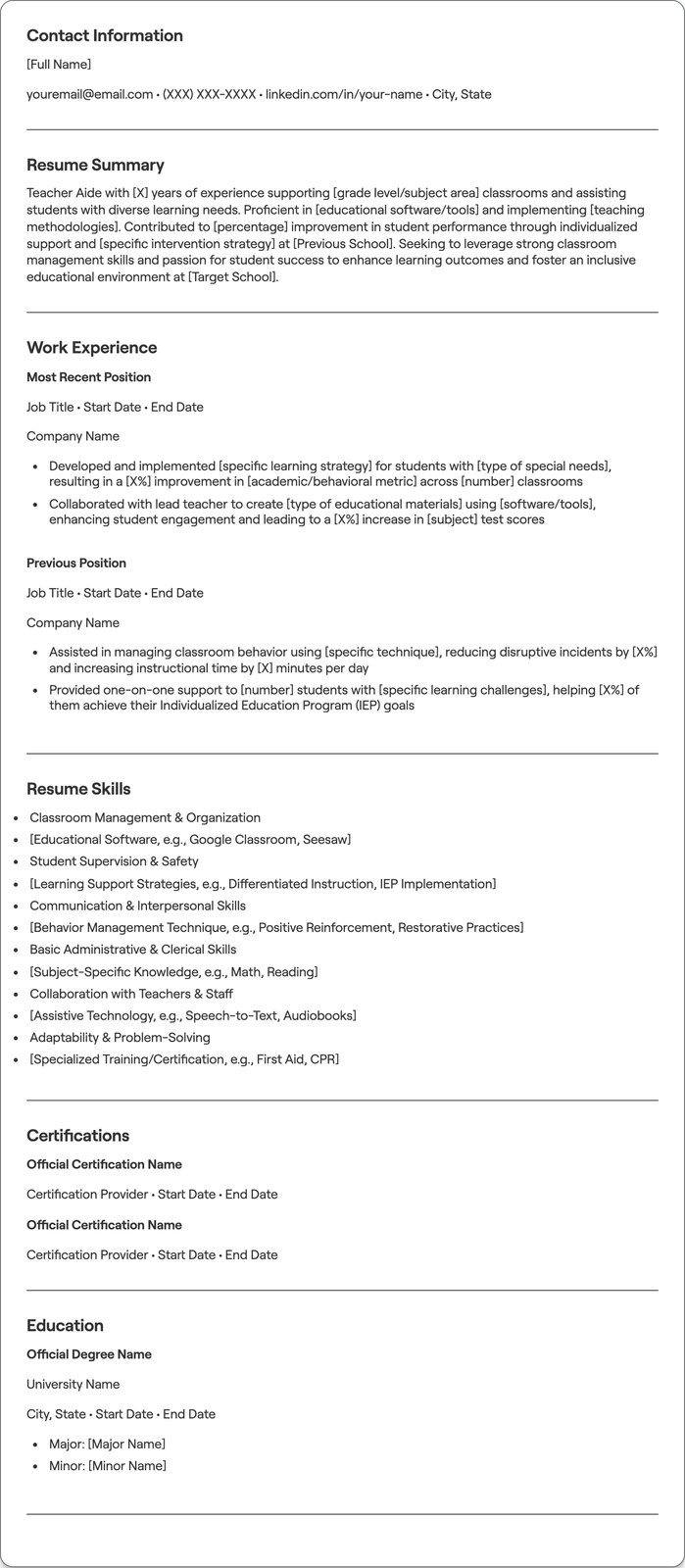Teacher Aide resume example