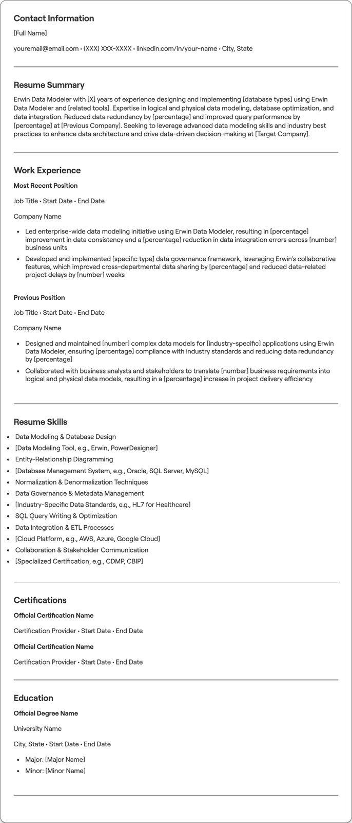 Erwin Data Modeler resume example