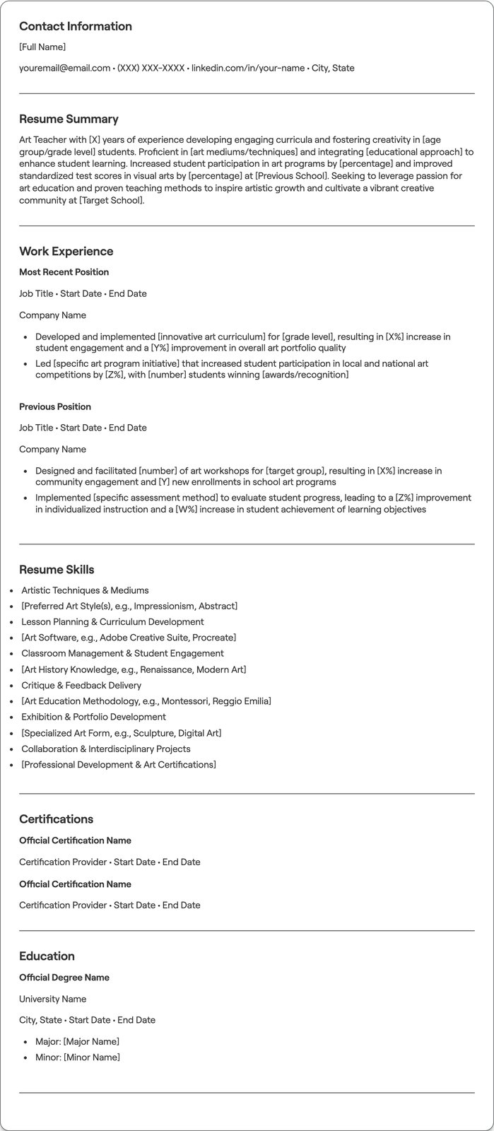 Art Teacher resume example