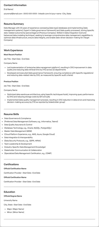Data Manager resume example