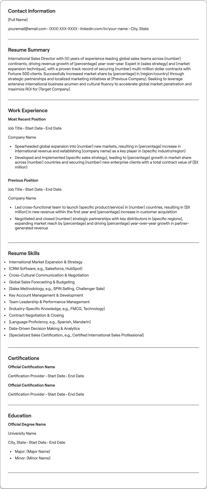 International Sales Director resume example