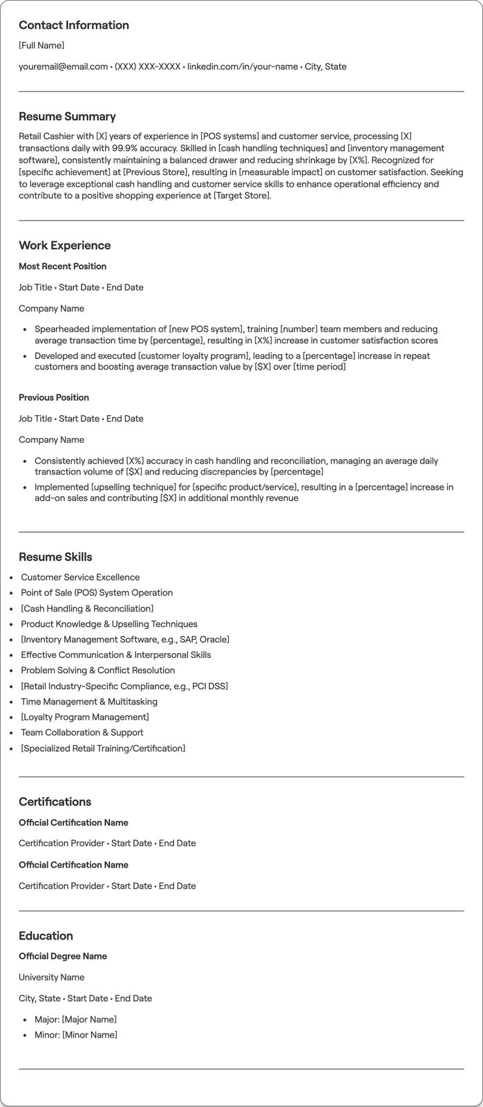 Retail Cashier resume example