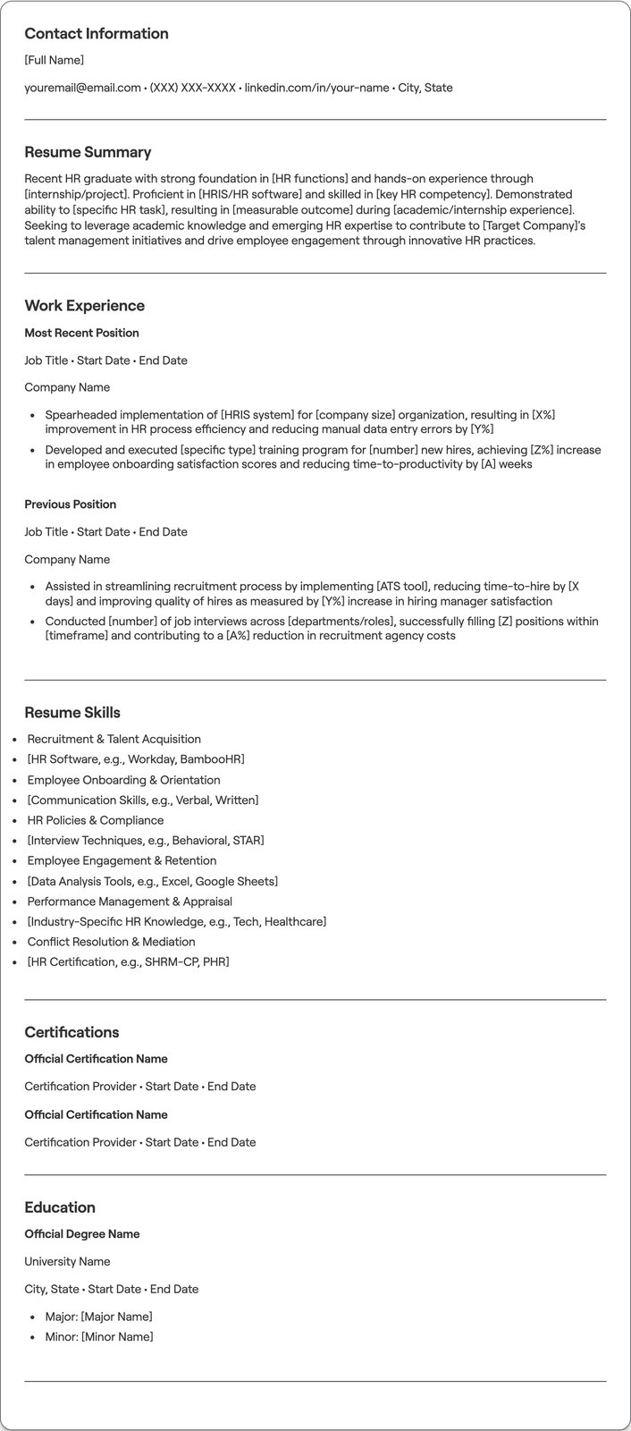 Fresher HR resume example