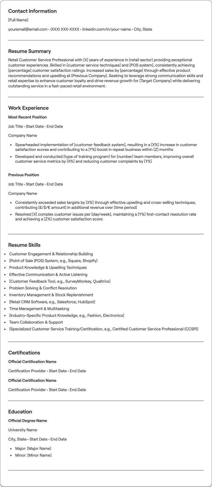 Retail Customer Service resume example