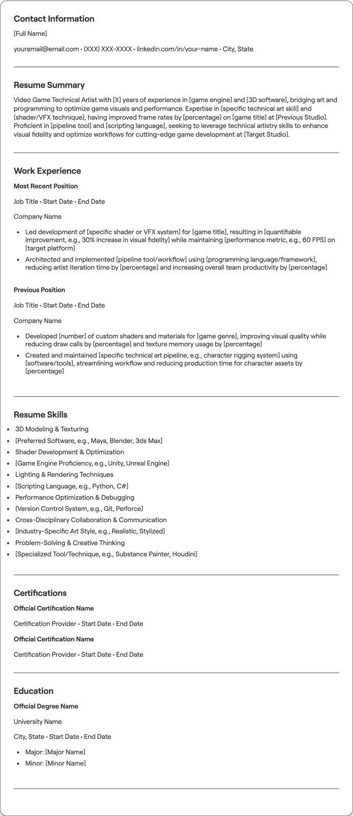 Video Game Technical Artist resume example