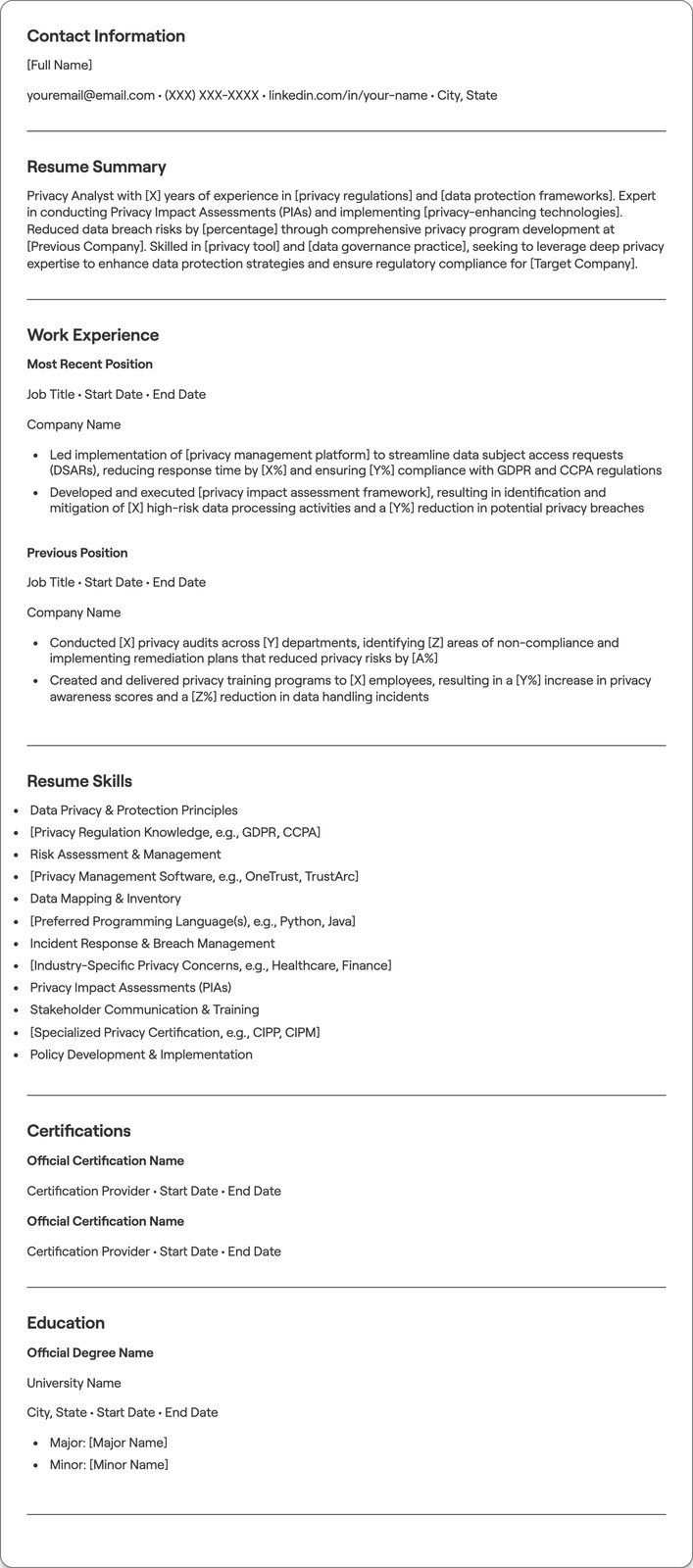Privacy Analyst resume example