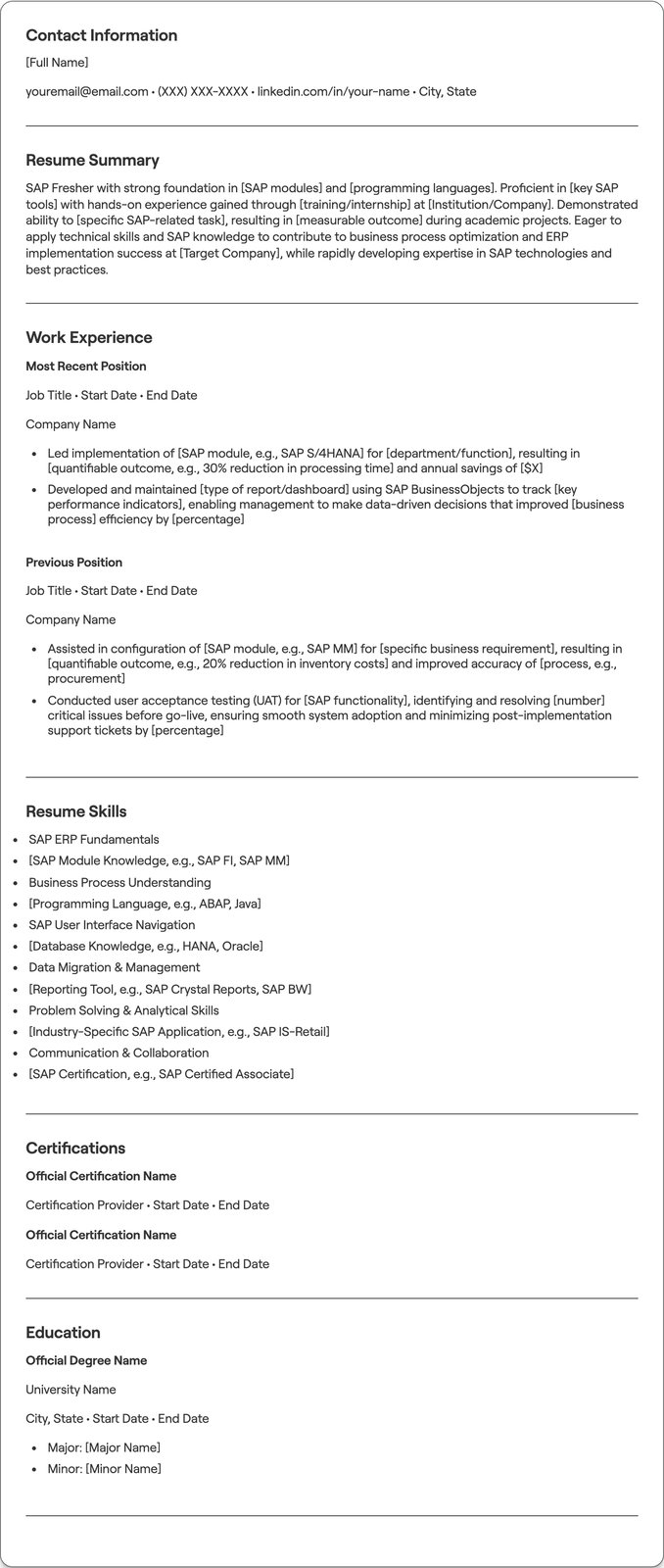 SAP Fresher resume example