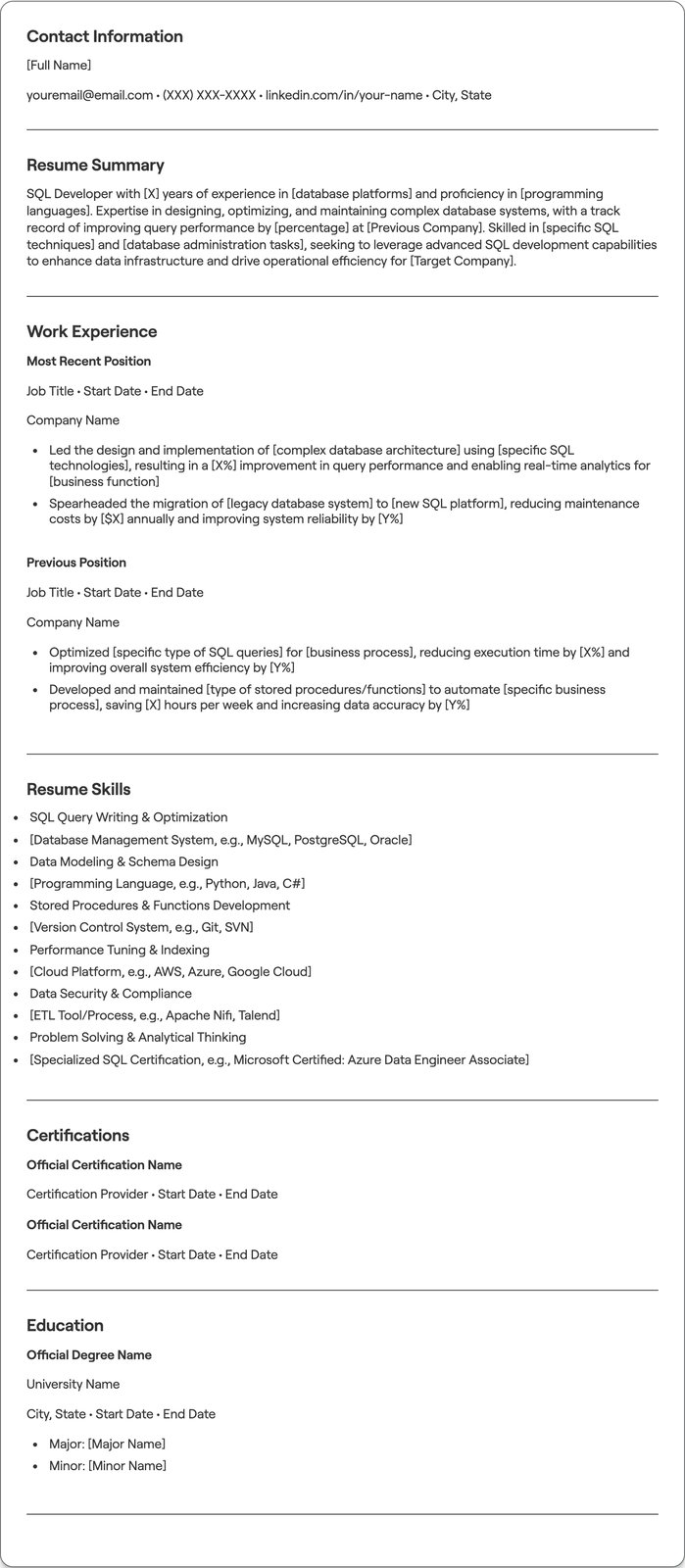 SQL Developer resume example