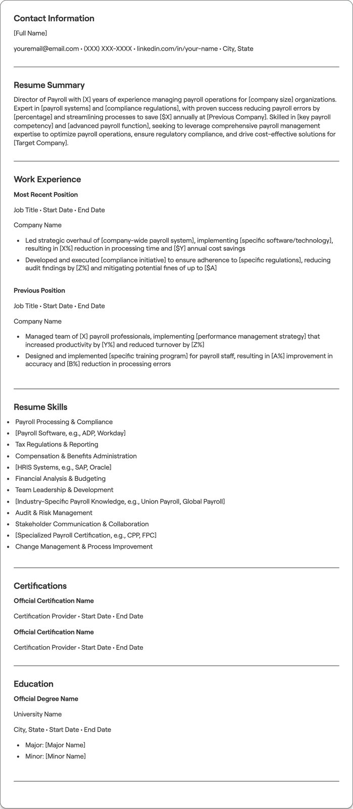 Director of Payroll resume example