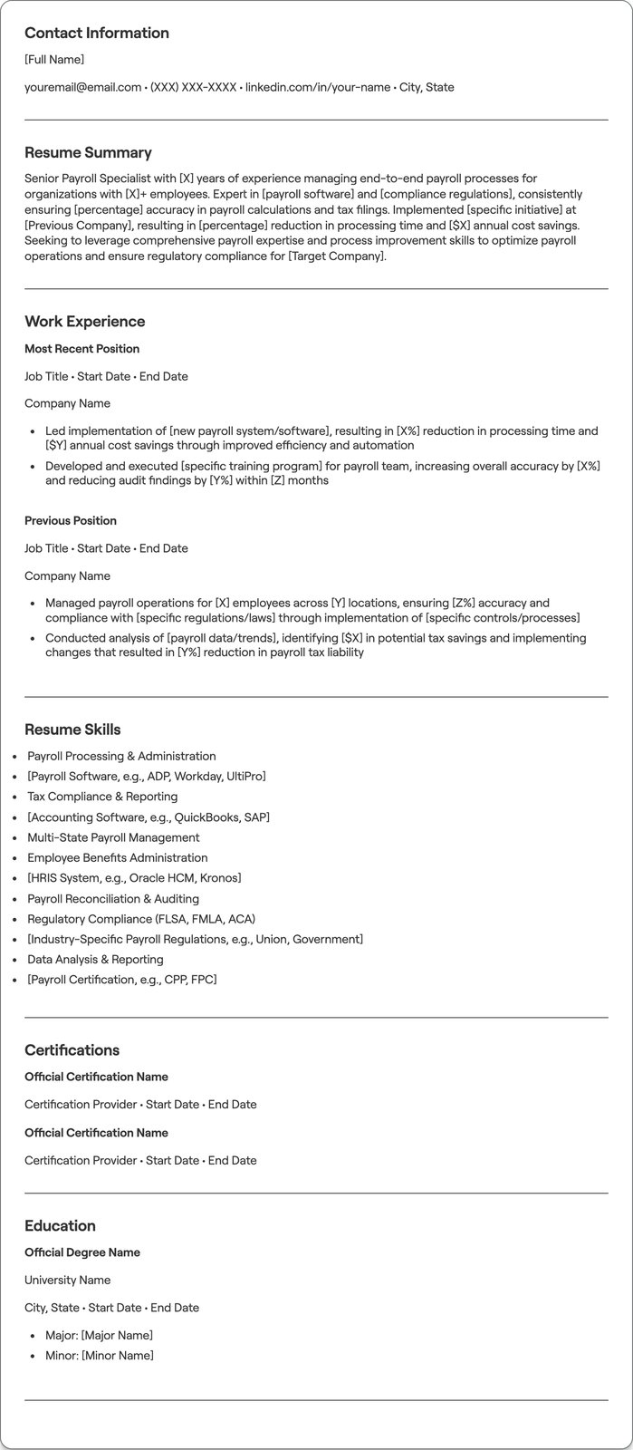Senior Payroll Specialist resume example