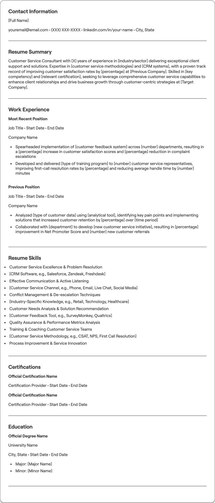 Customer Service Consultant resume example