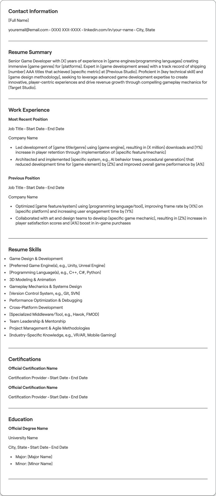 Senior Game Developer resume example