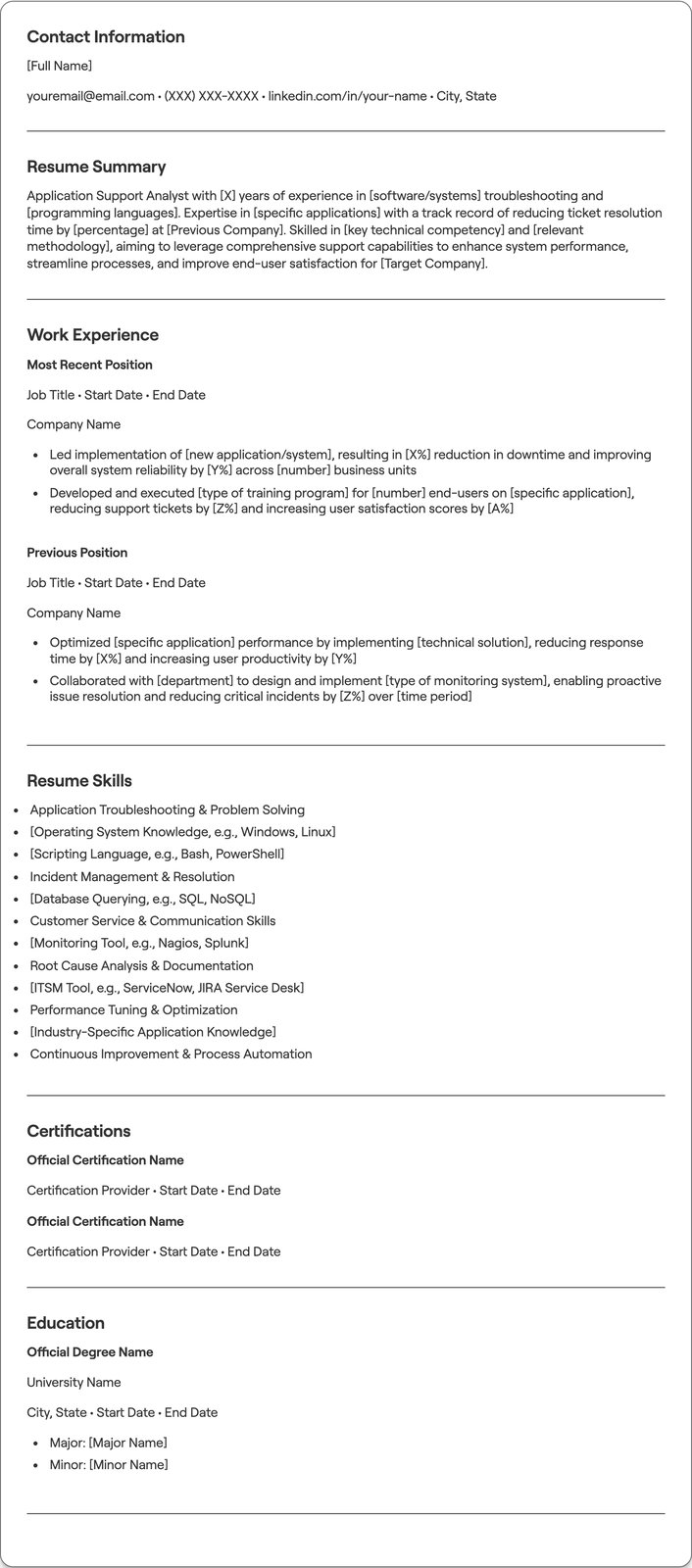 Application Support Analyst resume example