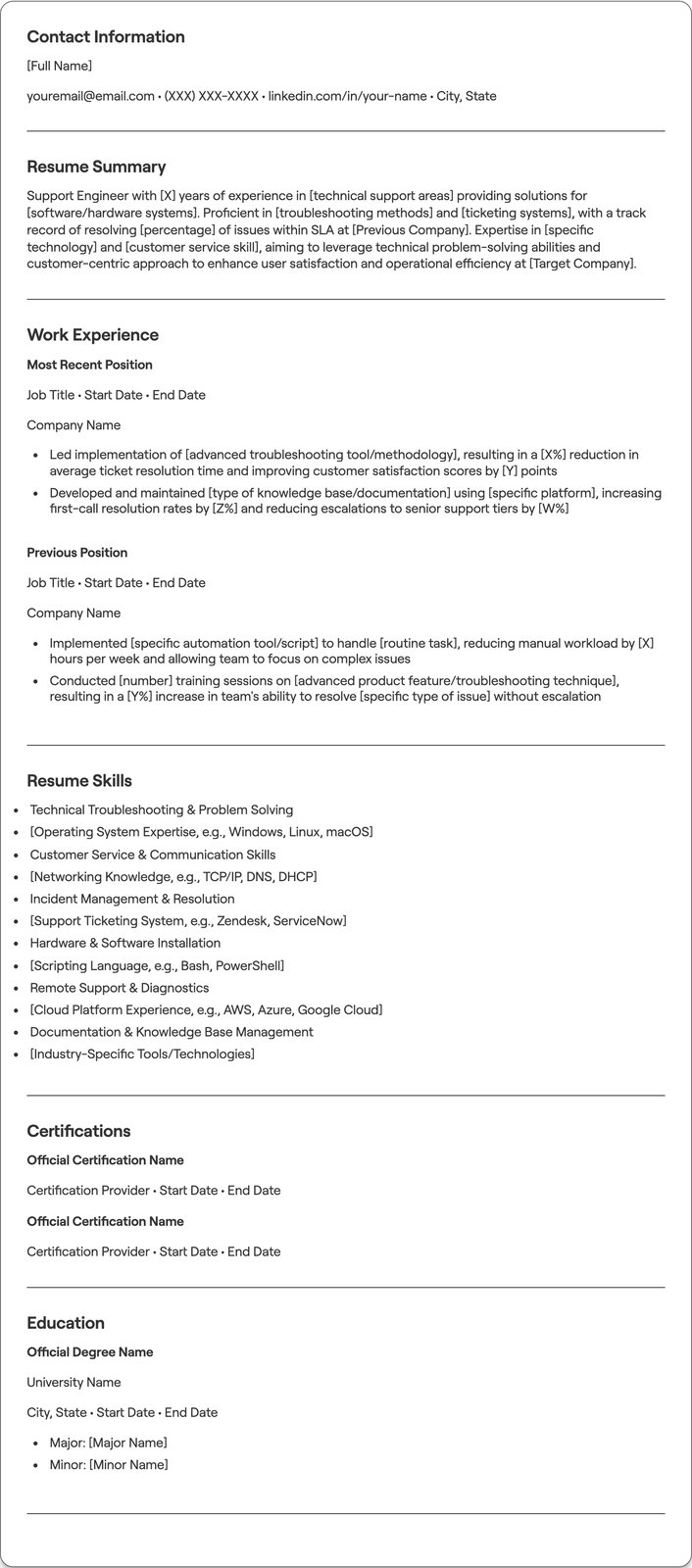 Support Engineer resume example