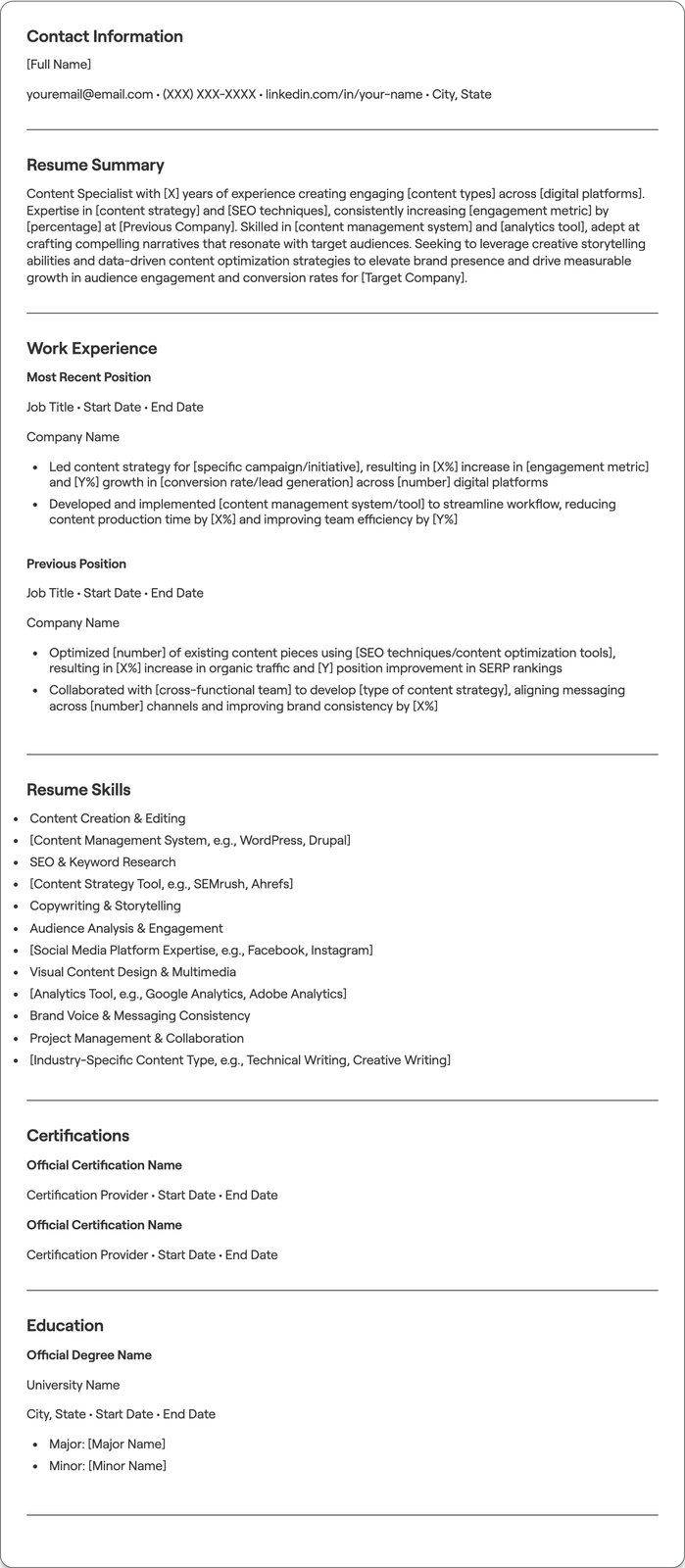 Content Specialist resume example