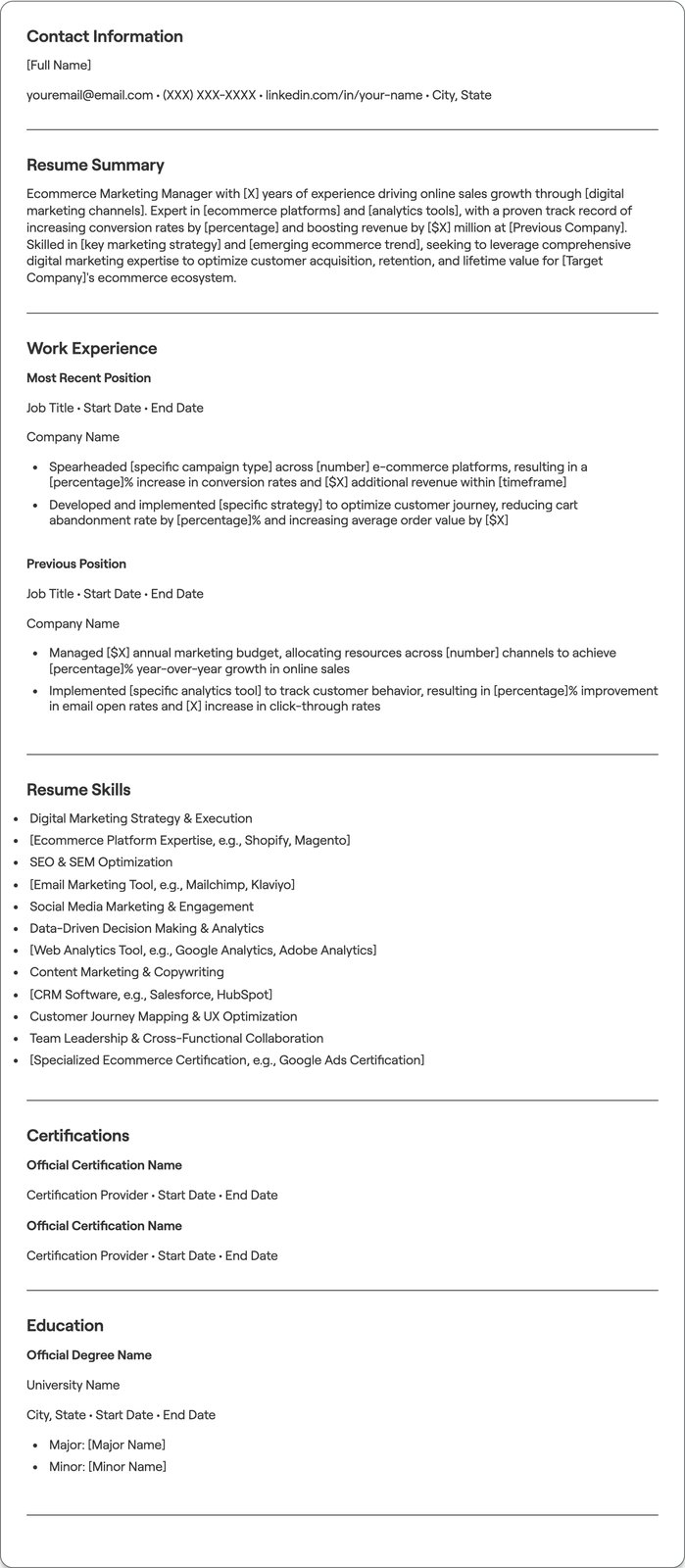 Ecommerce Marketing Manager resume example