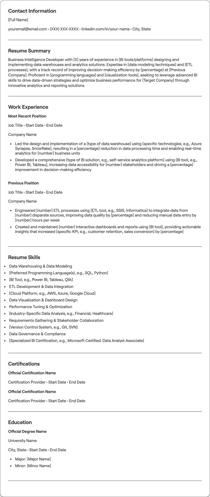 Business Intelligence Developer resume example