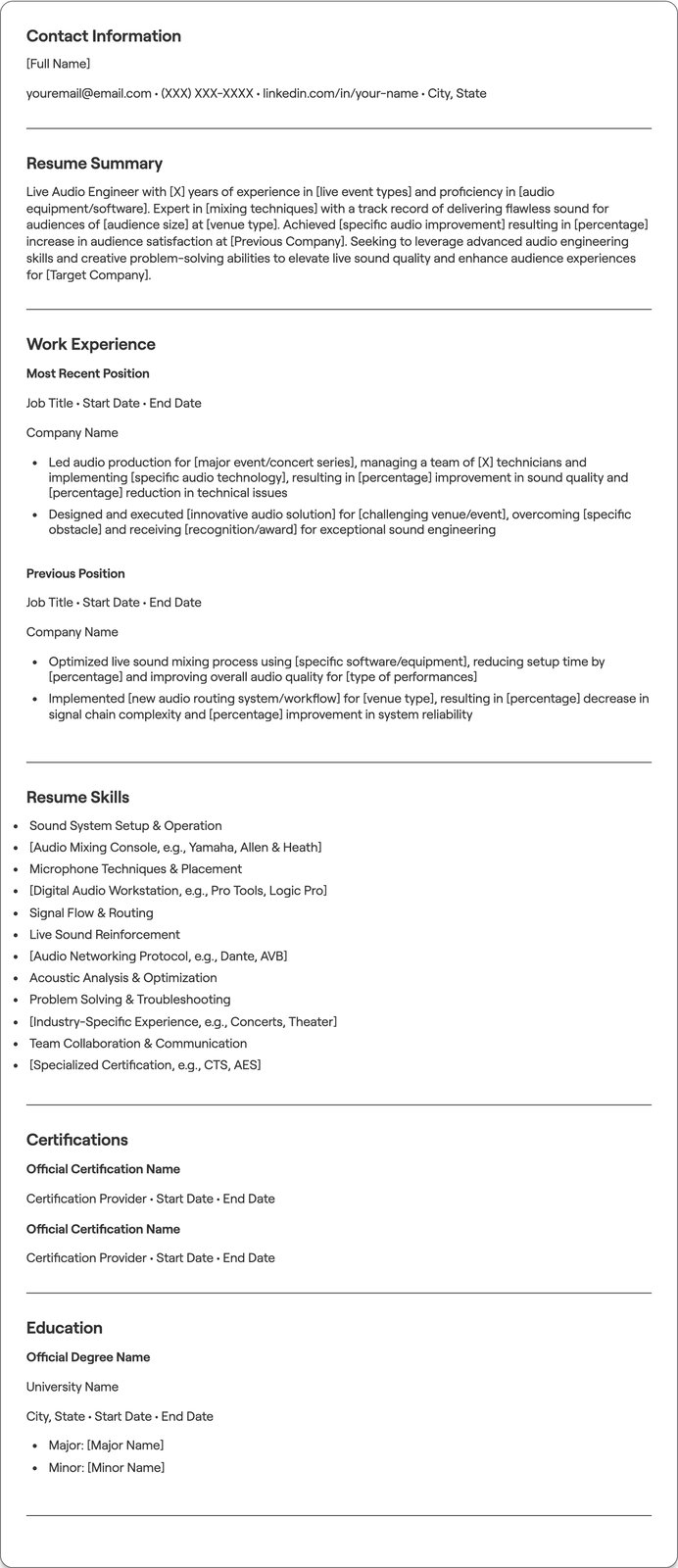 Live Audio Engineer resume example