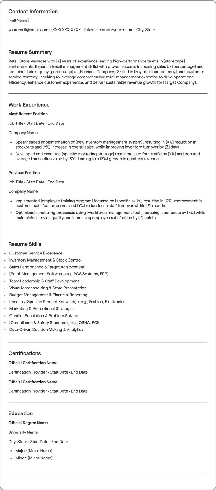 Retail Store Manager resume example