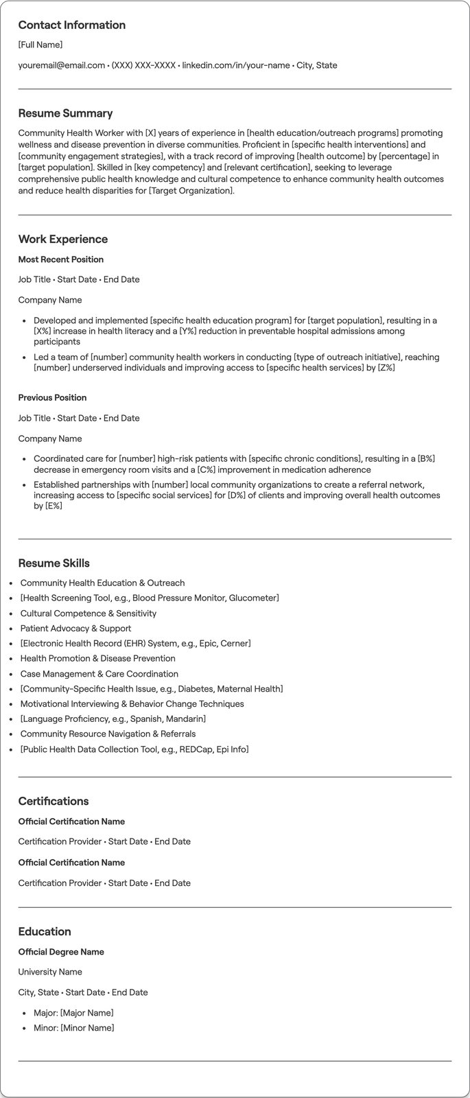 Community Health Worker resume example