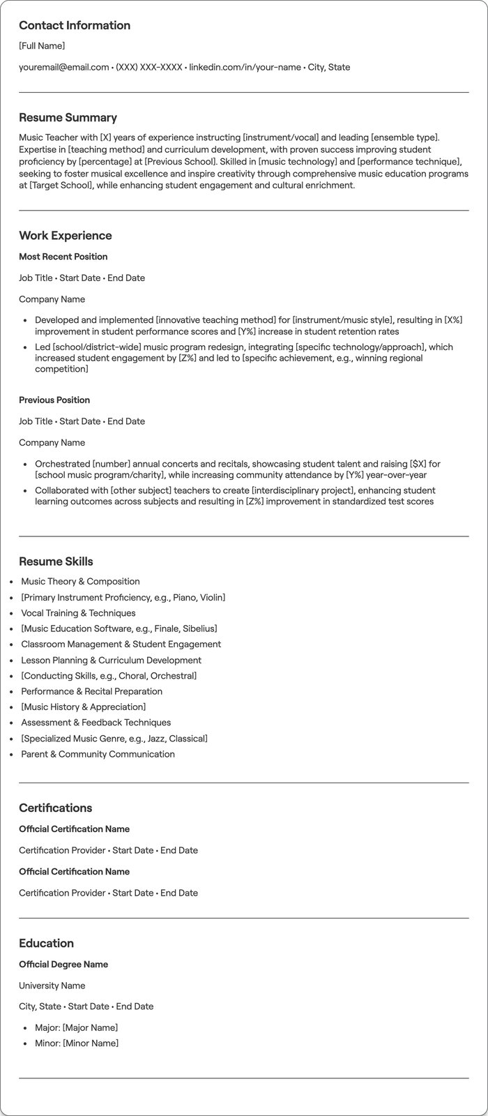 Music Teacher resume example