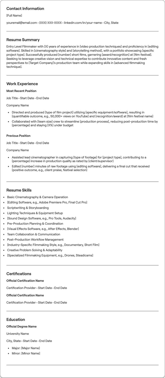 Entry Level Filmmaker resume example