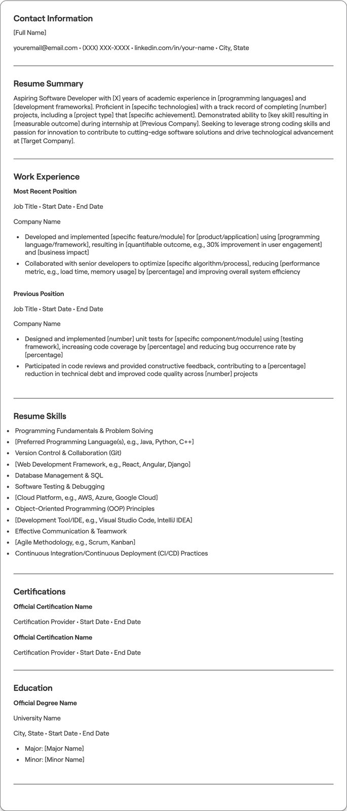 Software Developer Intern resume example