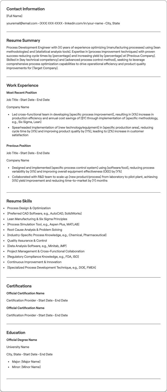 Process Development Engineer resume example