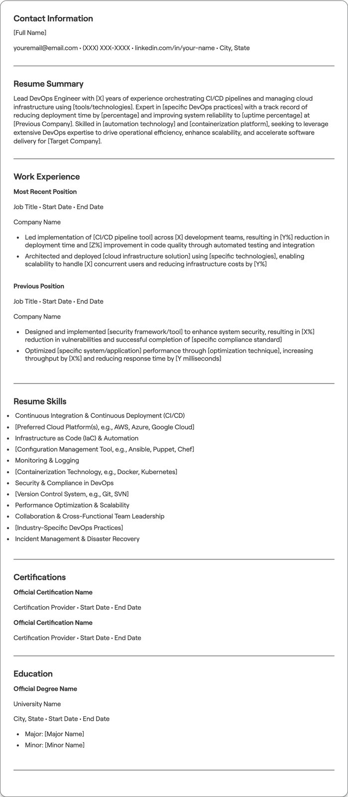 Lead DevOps Engineer resume example