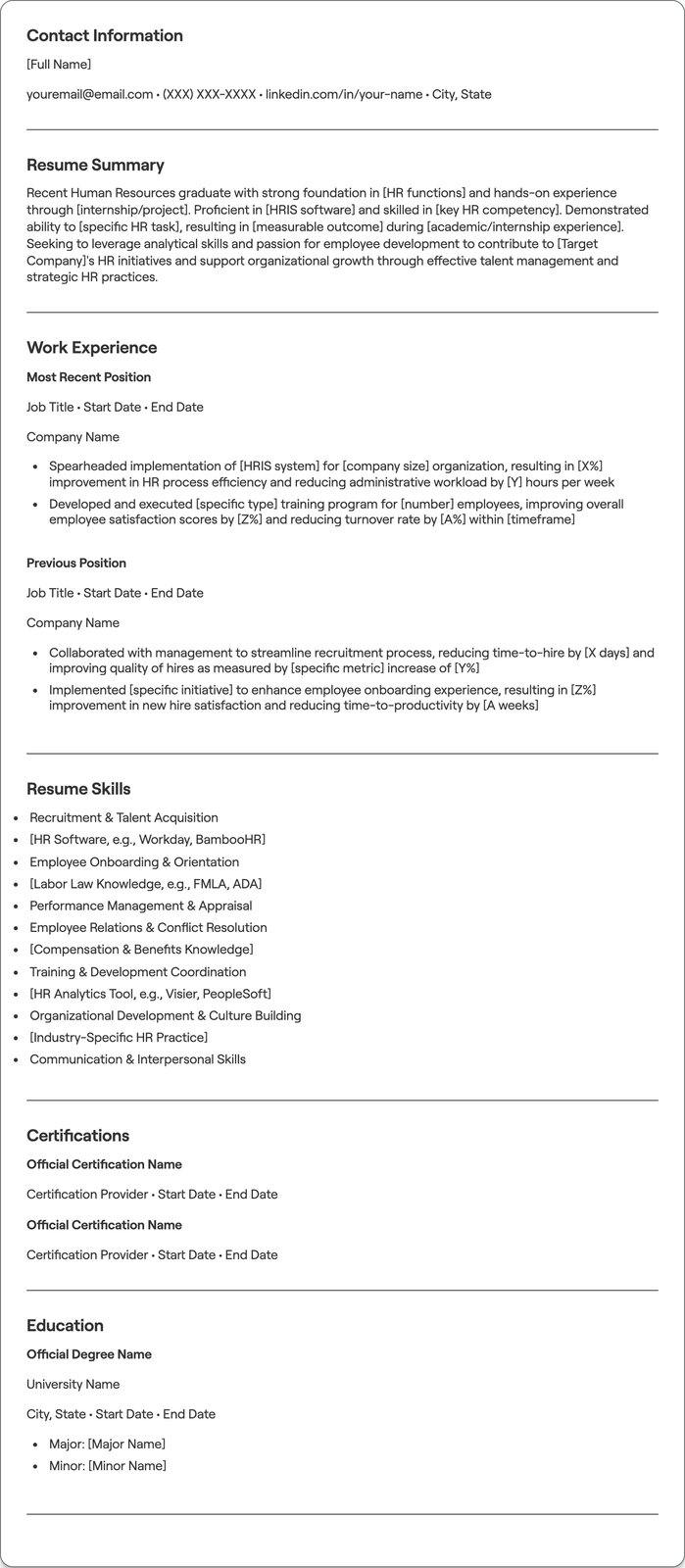 Fresher Human Resources resume example