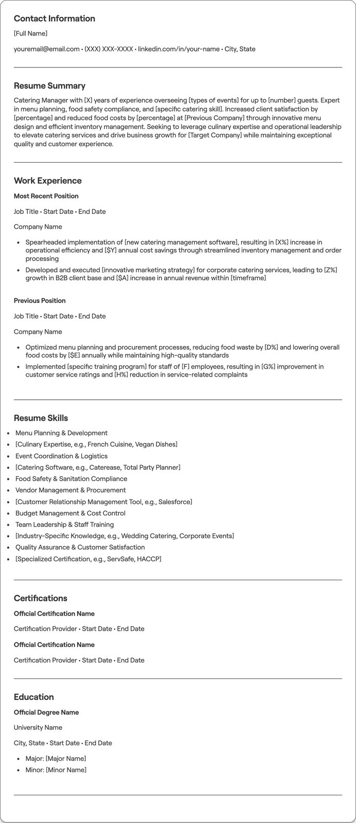 Catering Manager resume example