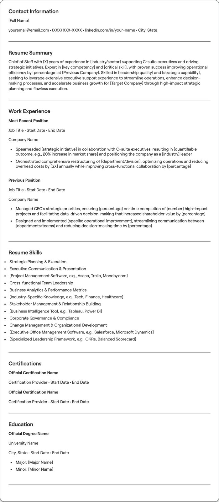 Chief of Staff to CEO resume example