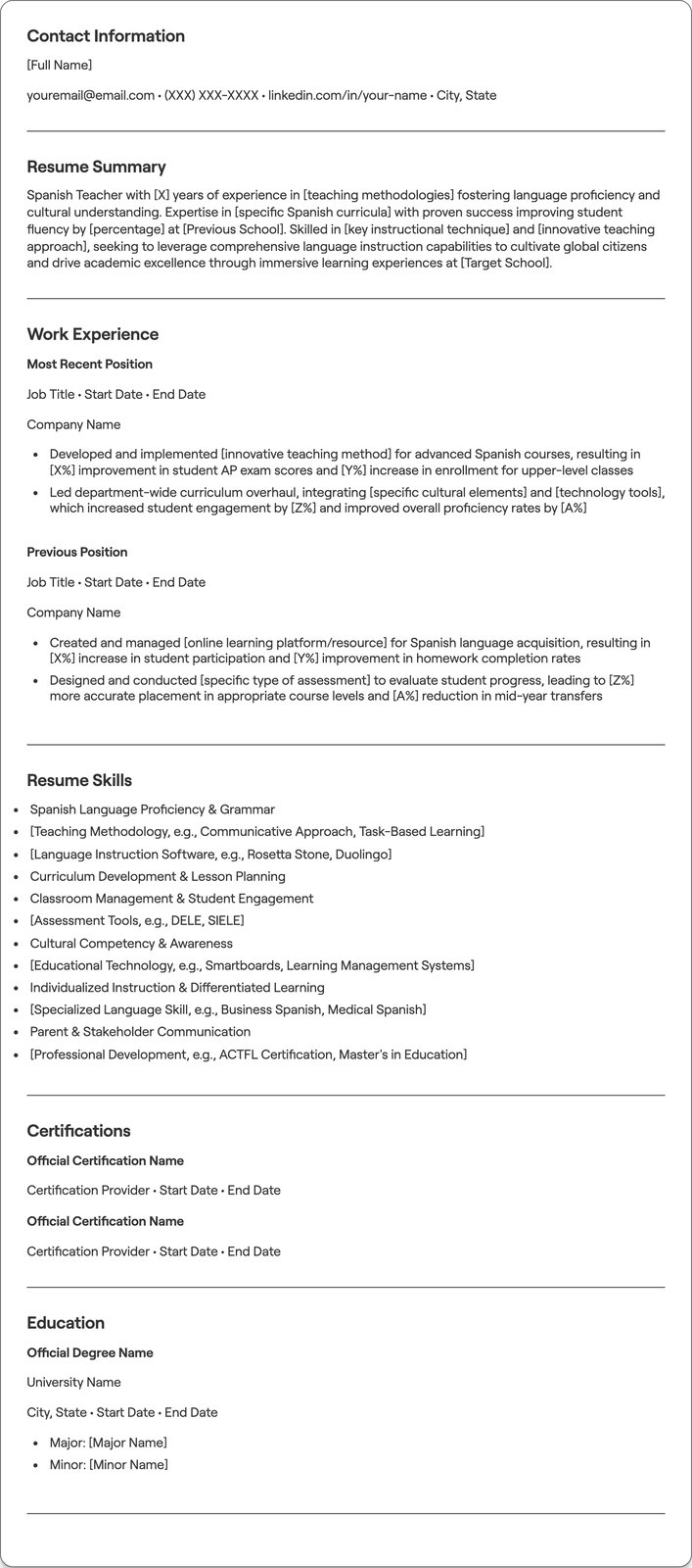 Spanish Teacher resume example
