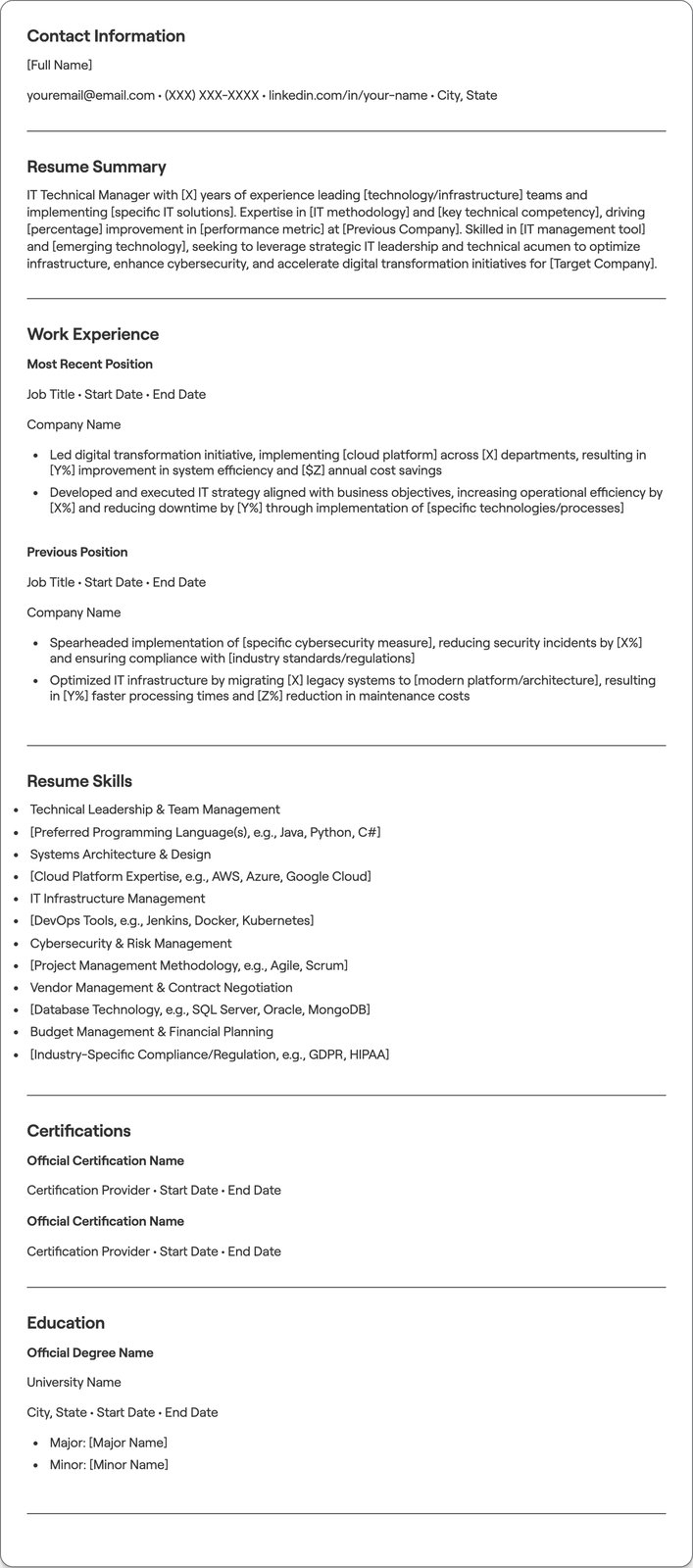 IT Technical Manager resume example