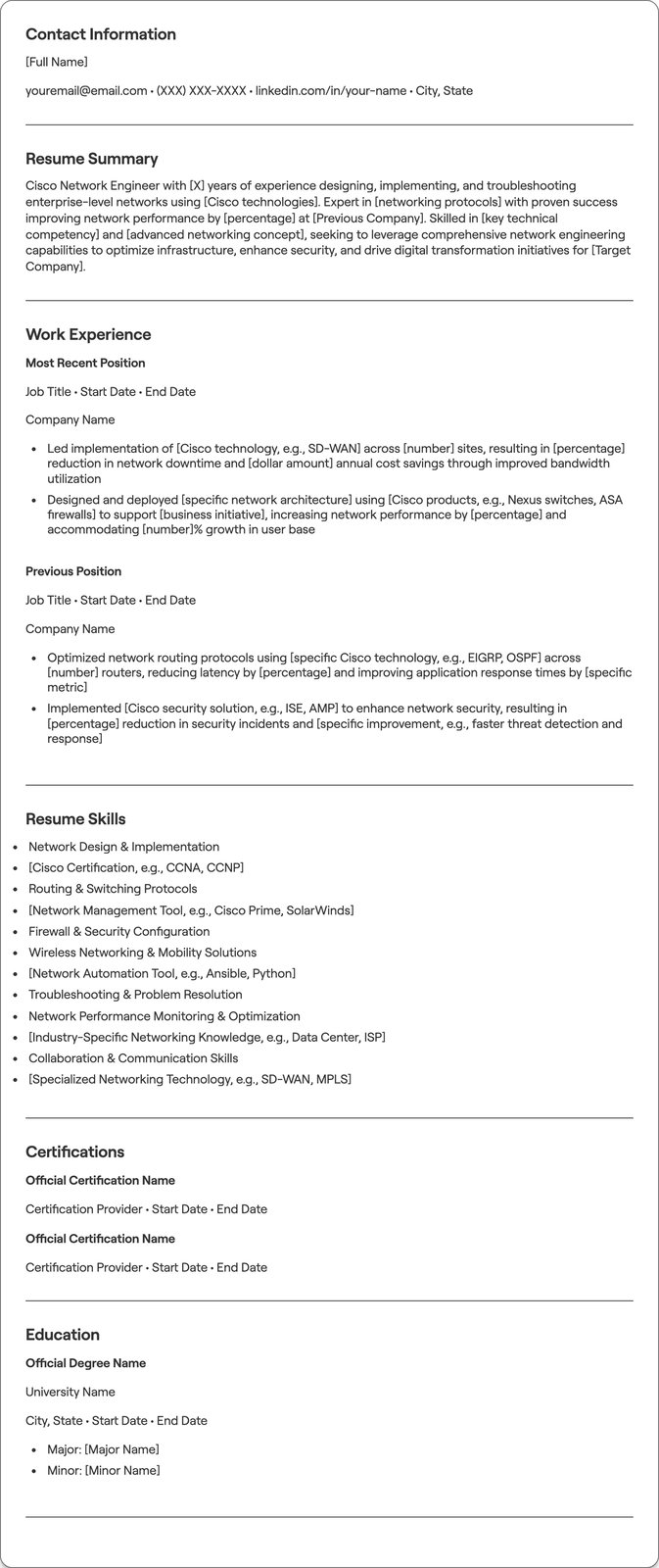 Cisco Network Engineer resume example